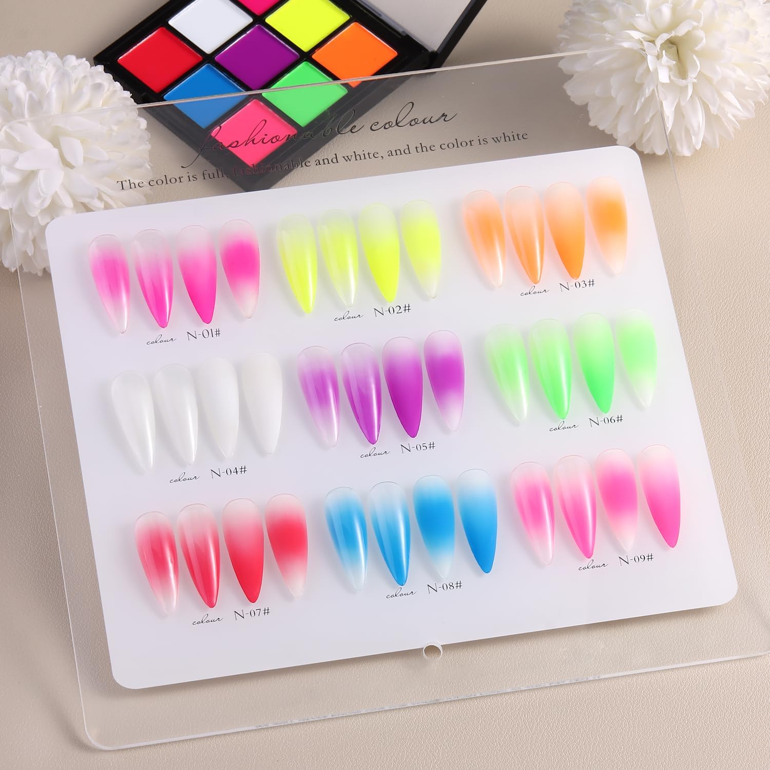 Neon Nail Pigment Powder Palette Set, 9 Colors Solid Fluorescent Aura Powder for Ombre Nails, Pigmentos Sólidos y Sombras para Uñas, Nail Art Decoration Accessories with Brushes