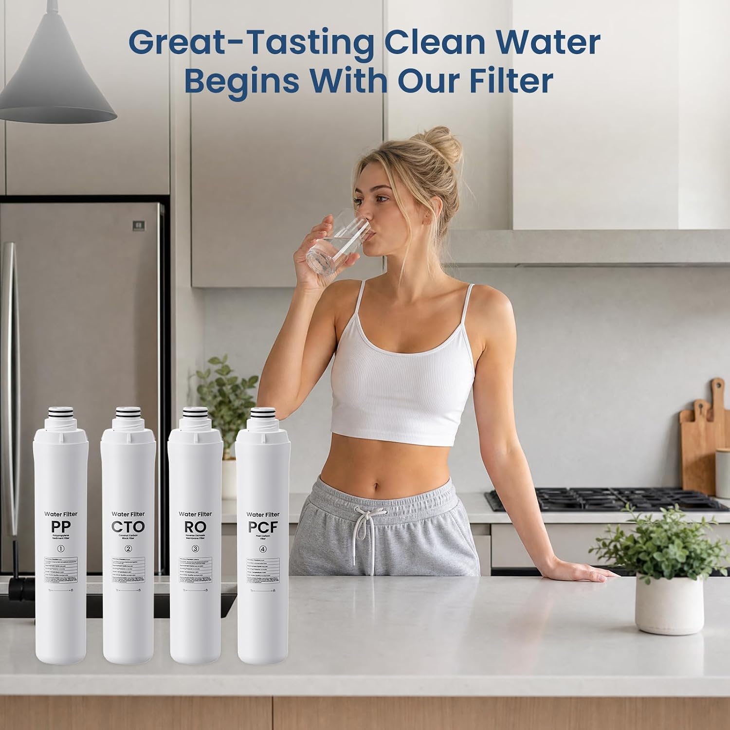 RO100ROPOT 1-Year Water Replacement Filter Set Compatible with Bluevua RO100ROPOT RO100ROPOT-UV RO System Pack 1 PP Filter + 1 RO Filter + 1 CTO Filter + 1 PCF Filter 4-Pack