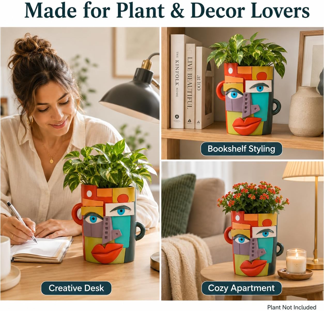 XMGZQ Abstract Cubism Face Planter,Pop Art Sculpture & Vase Decor,Unique Picasso Style Flower Pot,for 4-6 Inch Succulents & Houseplants,Drainage Hole Included,Statement Gift (Mid-Century)