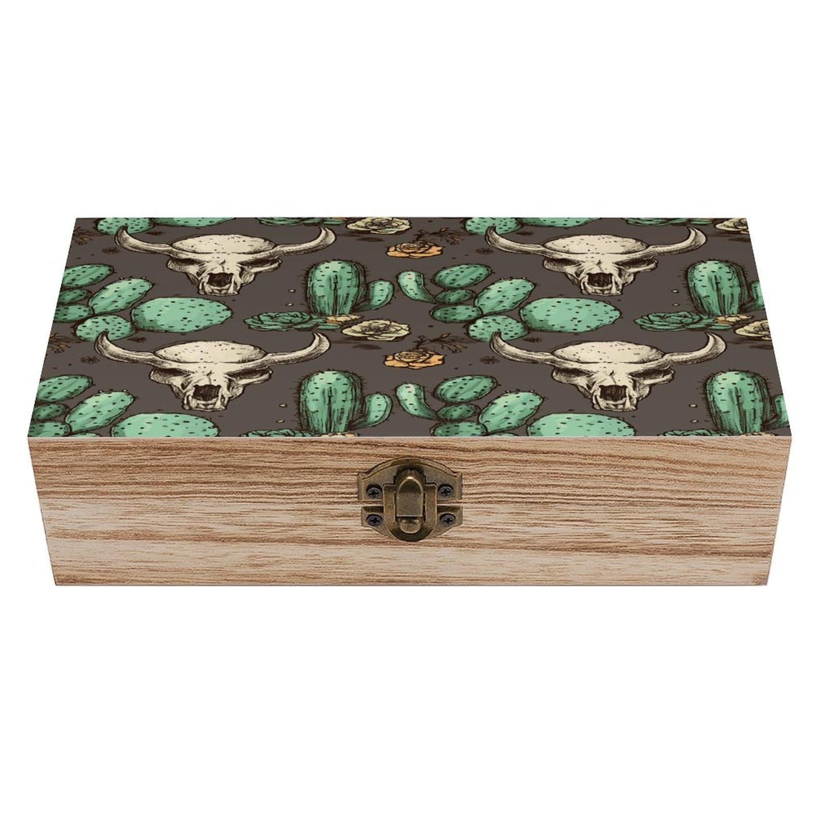 Adfgyerh Style Skull Of Bull And Cute Cactus Bins Solid Wood，Jewelry Box Retro And Exquisite，Storage Box Used For Storing Photos, Souvenirs, Letters, Gifts, And Jewelry.