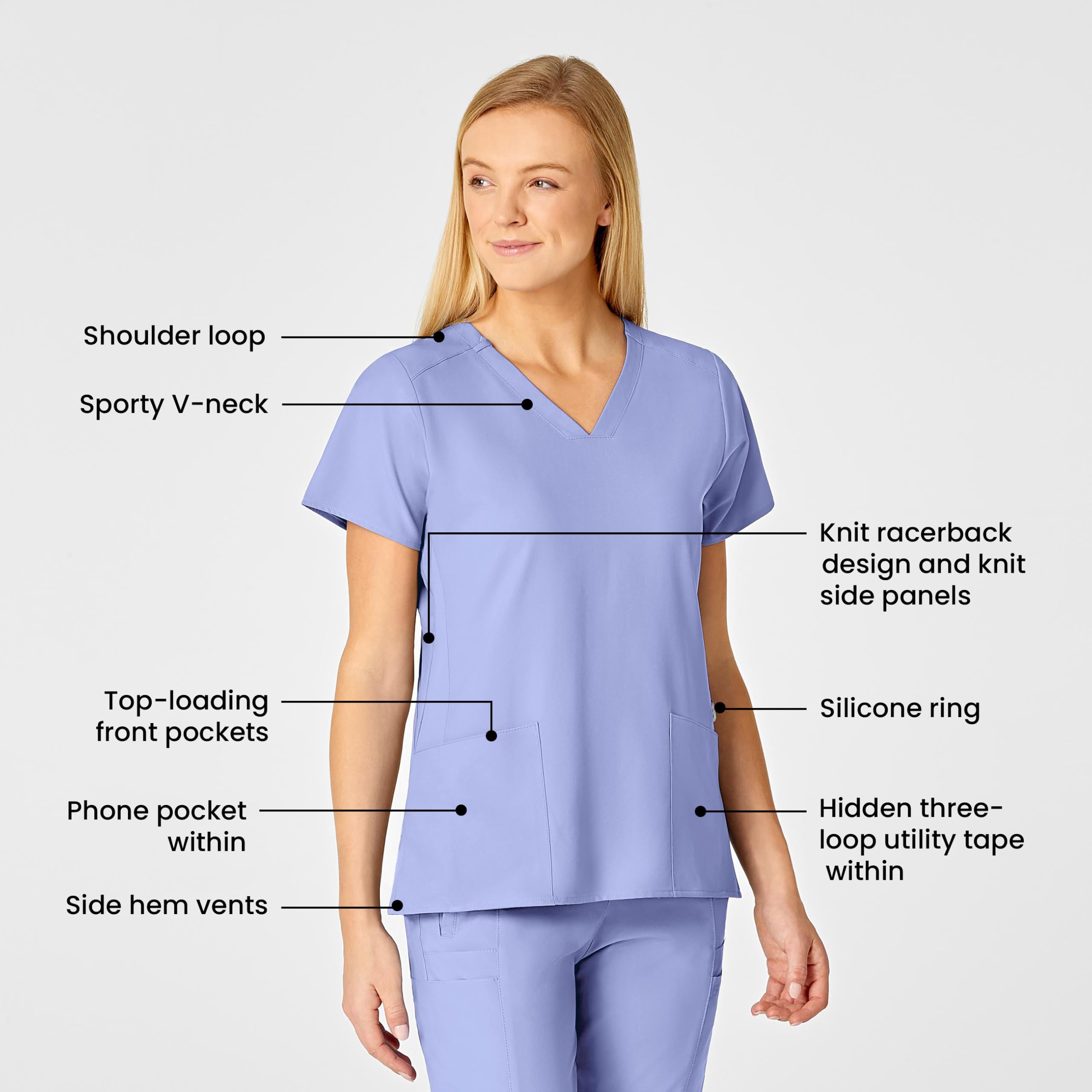 WonderWink W123 Women's Flex Back Stylized V-Neck Scrub Top, Ceil Blue, 2X