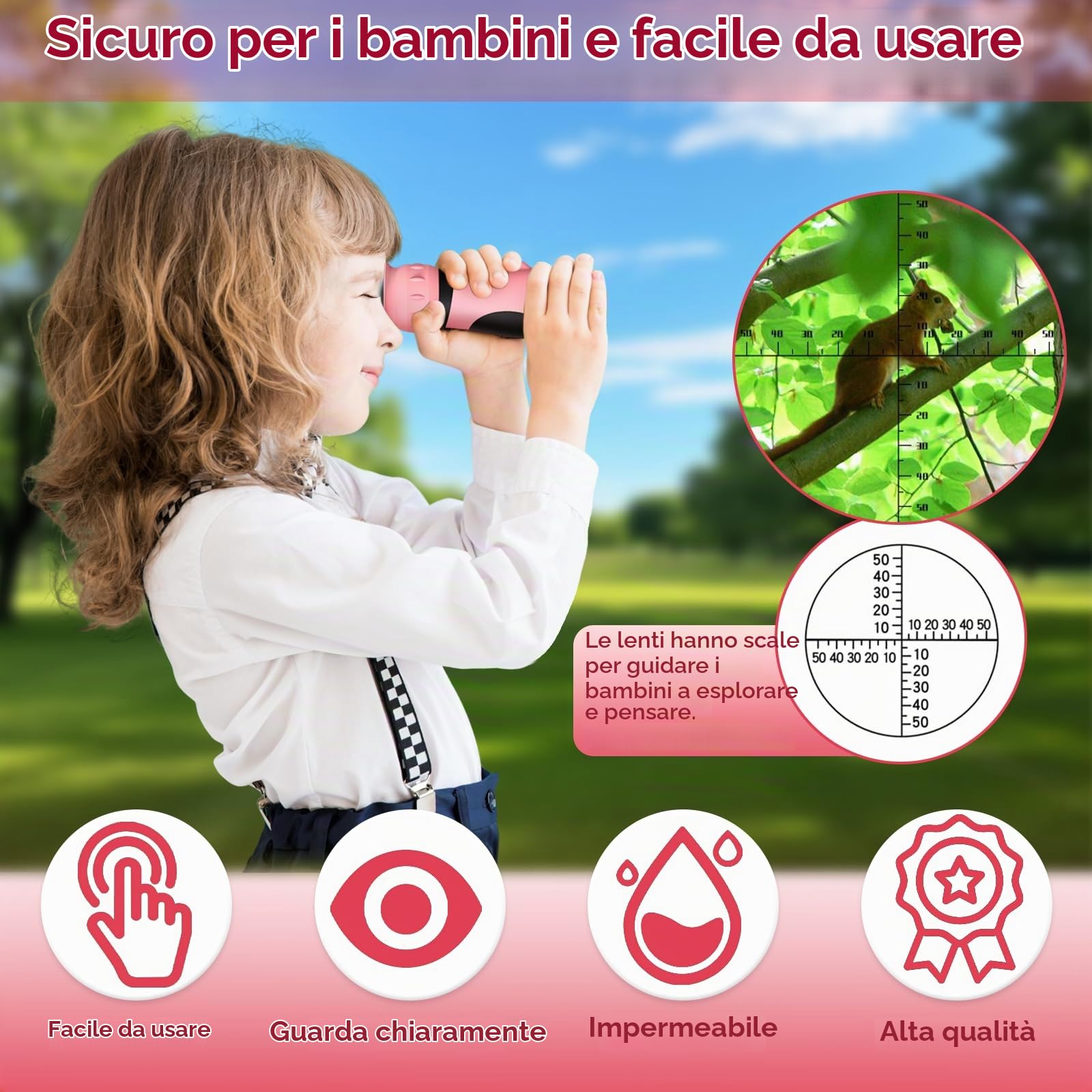Monocolo Per Bambini Raisand 8-12x, Telescopio Portatile In Gomma Rosa Con Prisma BAK4 E Cordino Di Sicurezza