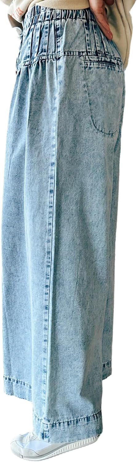Women's Vintage Baggy Wide Leg Jeans High Waisted Buttons Drawstring Pleated Hem Denim Pants