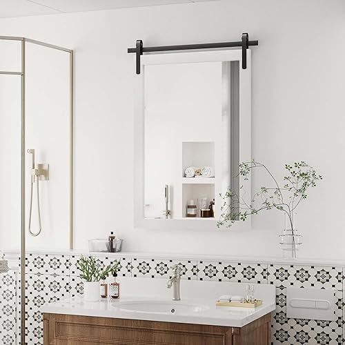 Miniatura 8 de Espejo de baño de granja, espejo cuadrado rústico blanco para pared, espejos de tocador con marco de madera, decoración estilo puerta de granero,