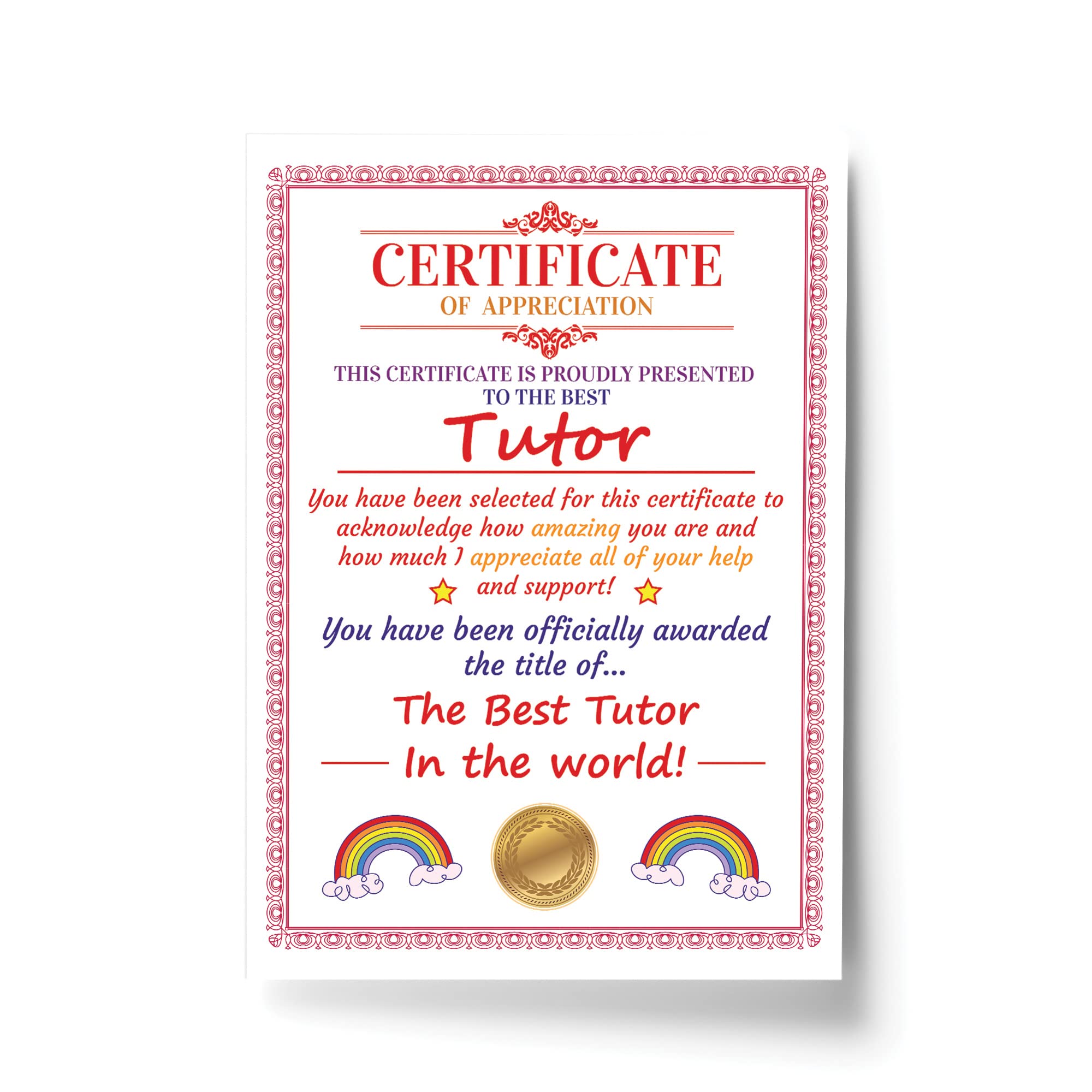 RED OCEAN Tutor Gifts Thank You Gift For Tutor Gift For Him Her A4 Certificate Print Leaving School Gift Keepsake