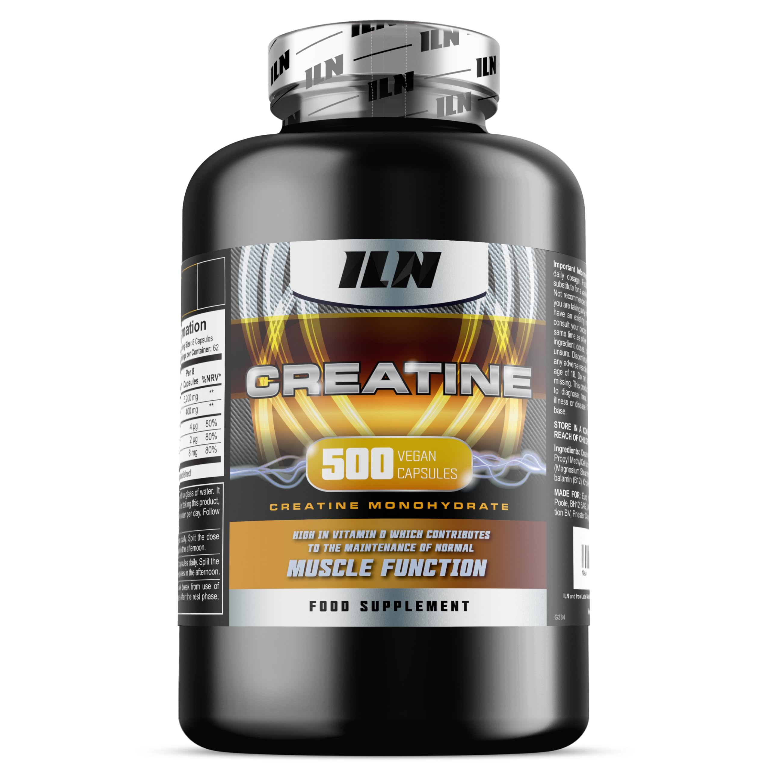 ILN – Creatine Capsules – 5,200mg Daily Serving – Vegan Creatine Monohydrate Tablets – 500 Capsules (Up to 83 Servings) – Creatine Supplement for Gym & Training