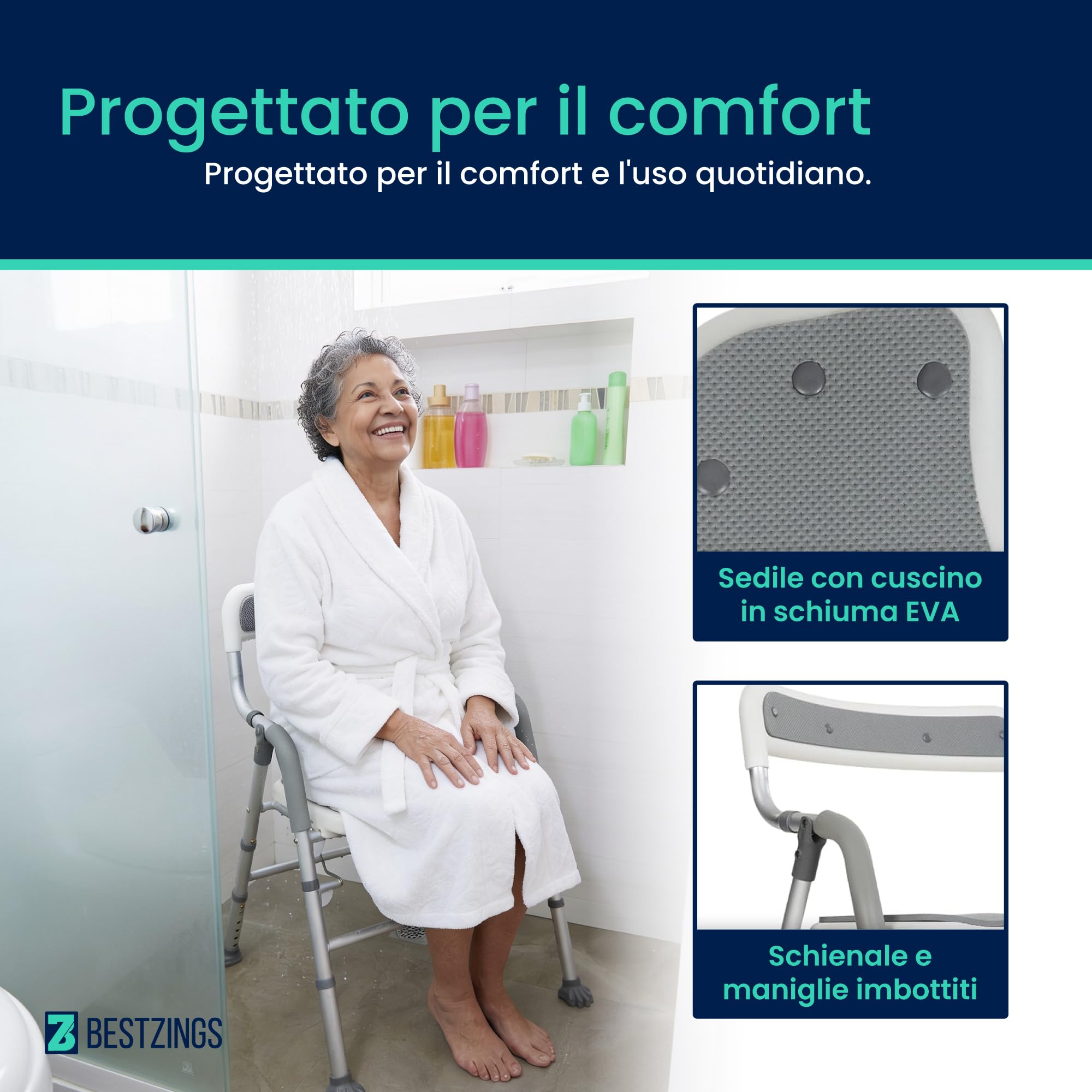 Sedia Doccia Anziani e Disabili, Sedia per Doccia e Sedia da Doccia Pieghevole, Seggiolino Doccia, Sedile per Doccia, Sgabello Doccia Regolabile con Schienale, 100 kg