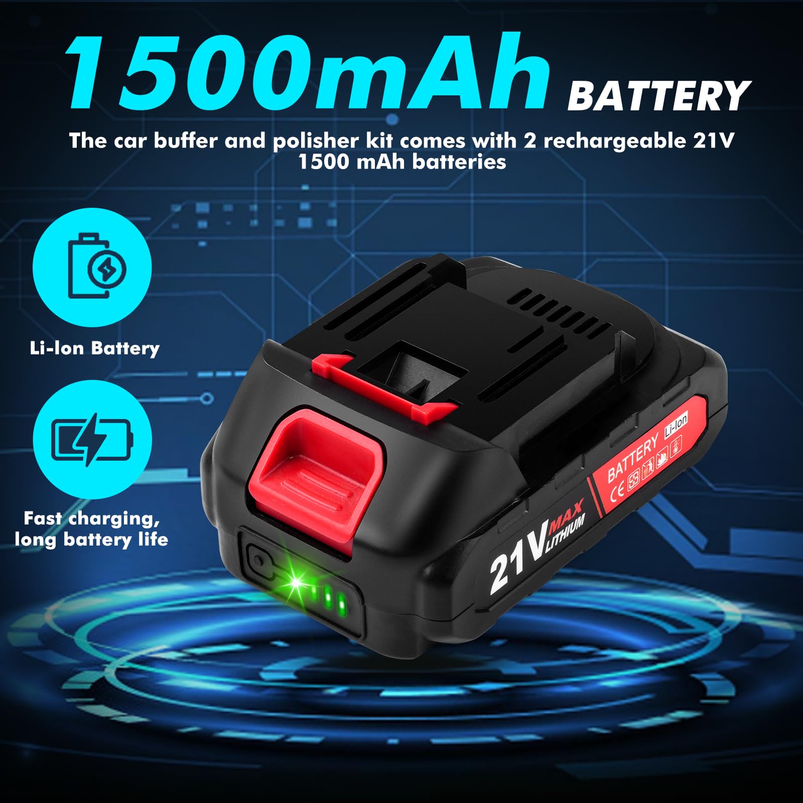 Lucidatrice Auto a Batteria, 2x21V 1500mAh 2800-5500RPM 6 Velocità lucidatrice per auto con Set Accessori per Auto Legno Metallo