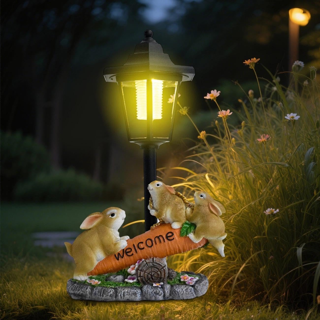 HIAME Solar Rabbit Family Garden Ornaments Outdoor, Waterproof Animal Figurines with Lantern Post Light, Bunny Garden Statue for Patio Lawn yard Decorations, Gifts for Women and Mom