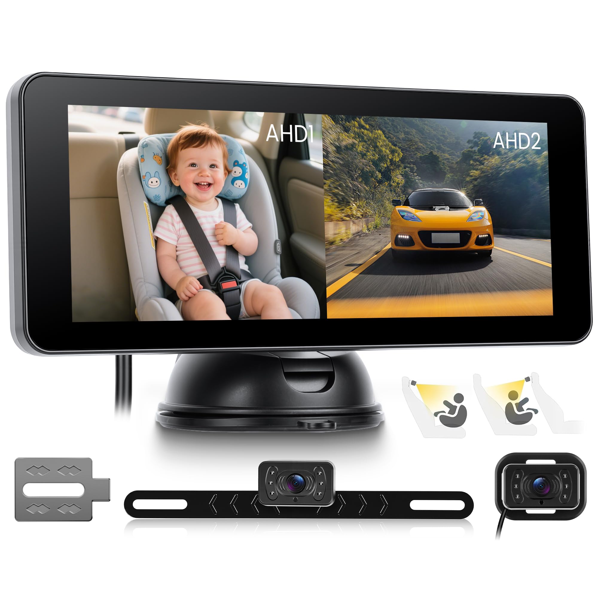Rimoody Cámara de Coche para bebé con Cámara de Marcha Atrás con Matrícula, 6.86 Pulgadas Pantalla Dividida, Espejo de Coche para bebés con IR Visión Nocturna, 360° Giratoria Espejo Retrovisor de Bebé