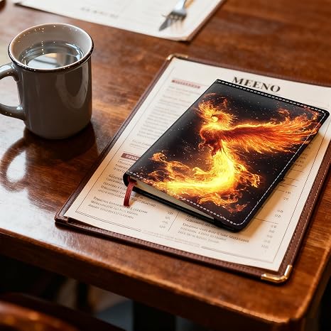 Server Books for Waitress Waiter, PU Leather Waitstaff Organizer with Zipper Pocket, Money Pocket, Guest Check Book Holder, Restaurant Serving Book,Fiery Phoenix Art
