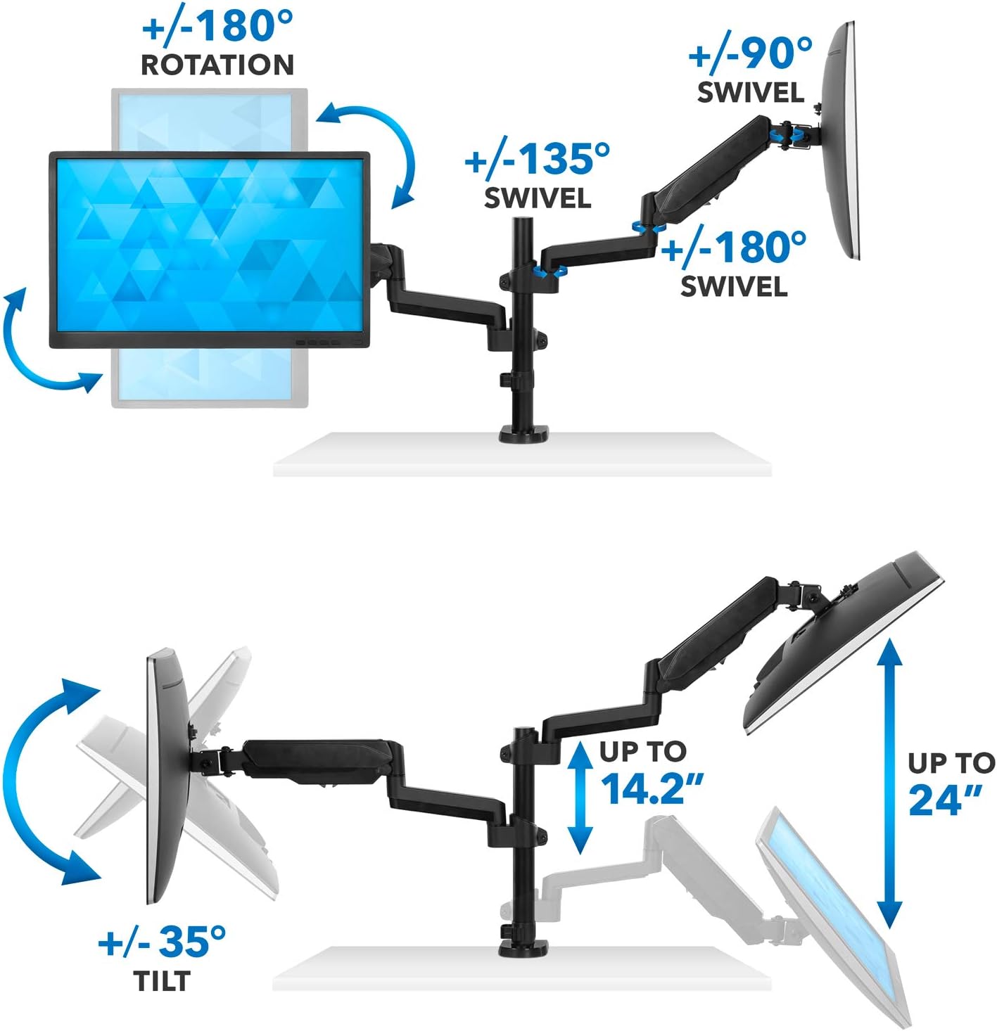 Greatest Product Mount-It! Monitor Arm Mount Desk Stand | Vertical Stackable Arms | Articulating Gas Springs Height Adjustable | 24 27 29 30 32 Inch VESA 75 100 Compatible Screens | Clamp and Grommet (Dual Monitor)