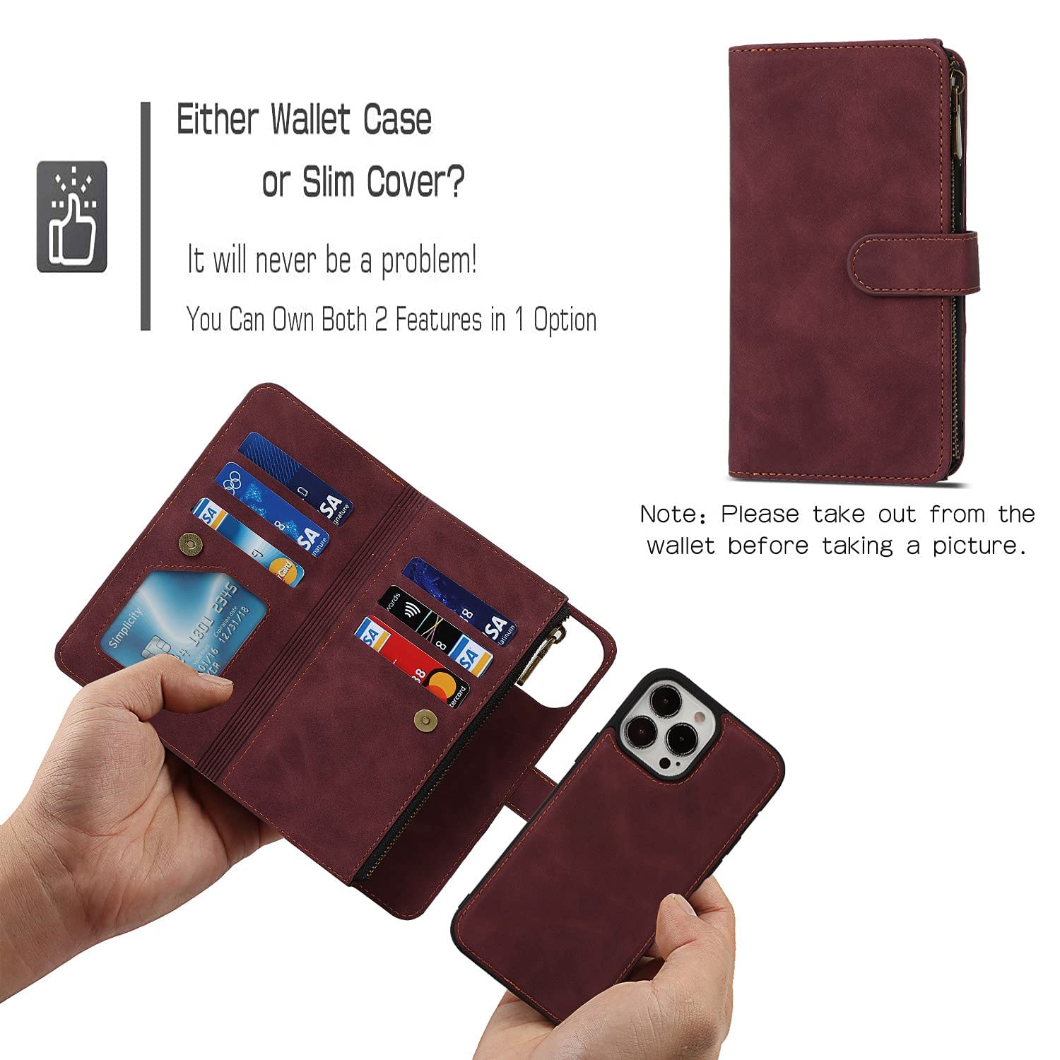 iCoverCase for iPhone 13 Pro Wallet Case with Card Holder and Wrist Strap, PU Leather Kickstand Card Slots Zipper Pocket Magnetic [Detachable] Flip Cover Case 6.1 Inch (Claret)