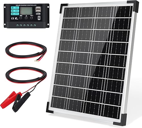 Panel solar 20W 12V Kit de panel solar monocristalino impermeable con controlador de cargador de 10 A para remolques de vehículos recreativos,