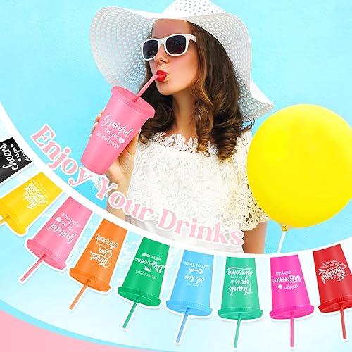 Miniatura 4 de Skylety 96 vasos de 24 onzas, regalos de agradecimiento, vaso inspirador con tapa y pajilla, vasos de plástico reutilizables para compañeros de