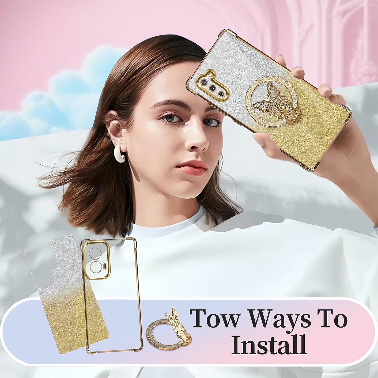 for Galaxy Note 10 Case with Butterfly Stand Compatible with Magsafe, Women Girls Bling Luxury Glitter Clear Phone Case Shockproof Protective Cover for Samsung Galaxy Note 10, Gold - Image 5