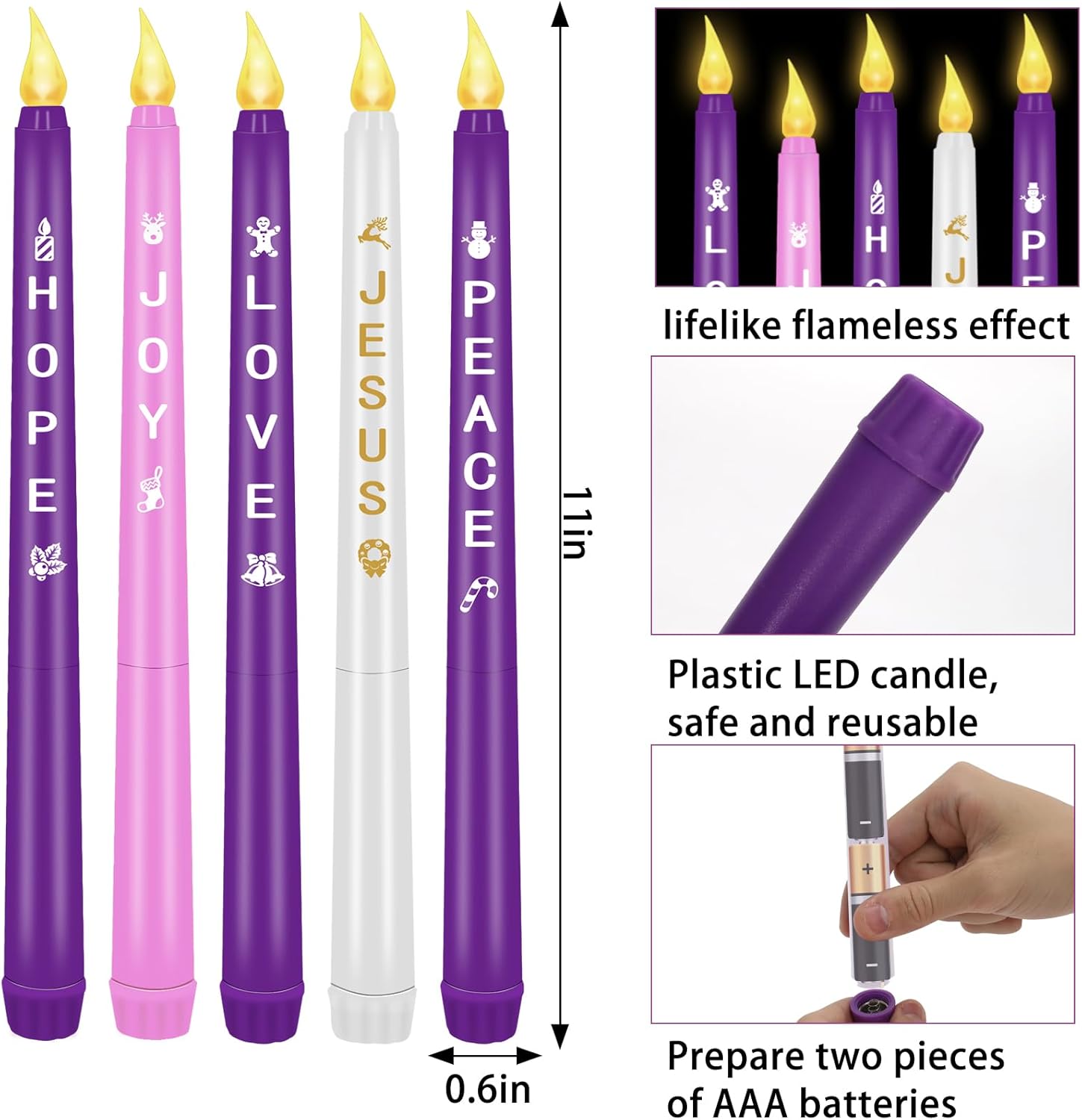 RGQSUN LEDs Flameless Advent Candles Sets of 5 Christmas Advent Candles Battery Operated Flickering Flameless Taper Candle for Christmas Wreath Advent Decor(Battery is not Included)