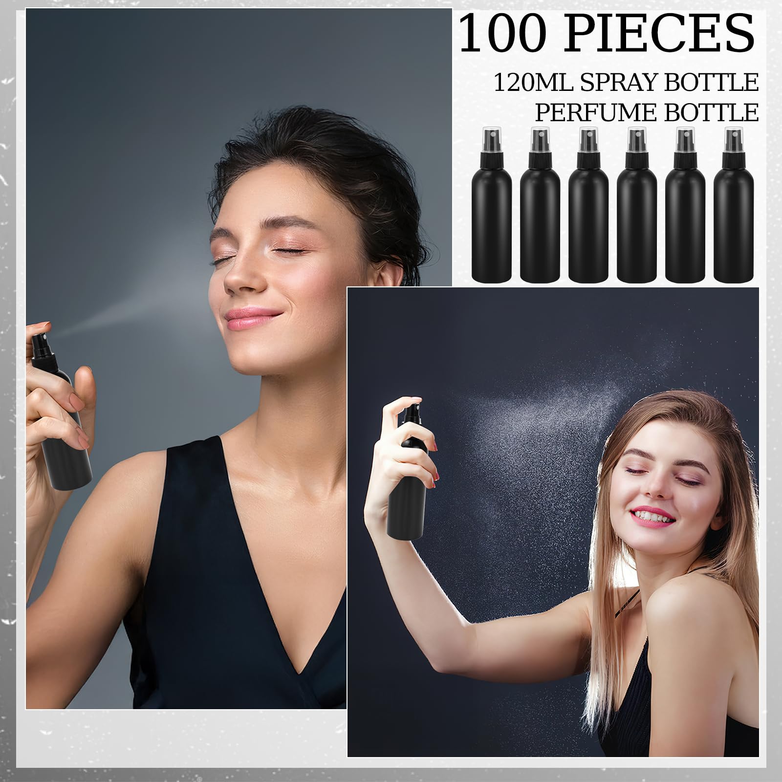 Malloom Confezione da 100 flaconi spray vuoti da 120 ml, contenitori in plastica per oli essenziali e soluzioni detergenti, ricaricabili, dimensioni da viaggio (nero)