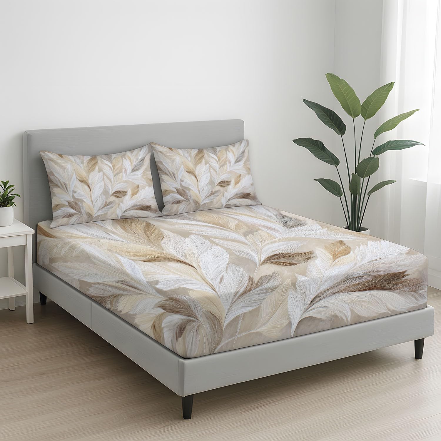 Spannbettlaken 200 x 200 cm, Weich & Atmungsaktive Komfort Blatt - Bettlaken Spannbetttuch mit Rundumgummi für Matratzen bis 30 cm - Creme - Kunst Floral Federn Zart