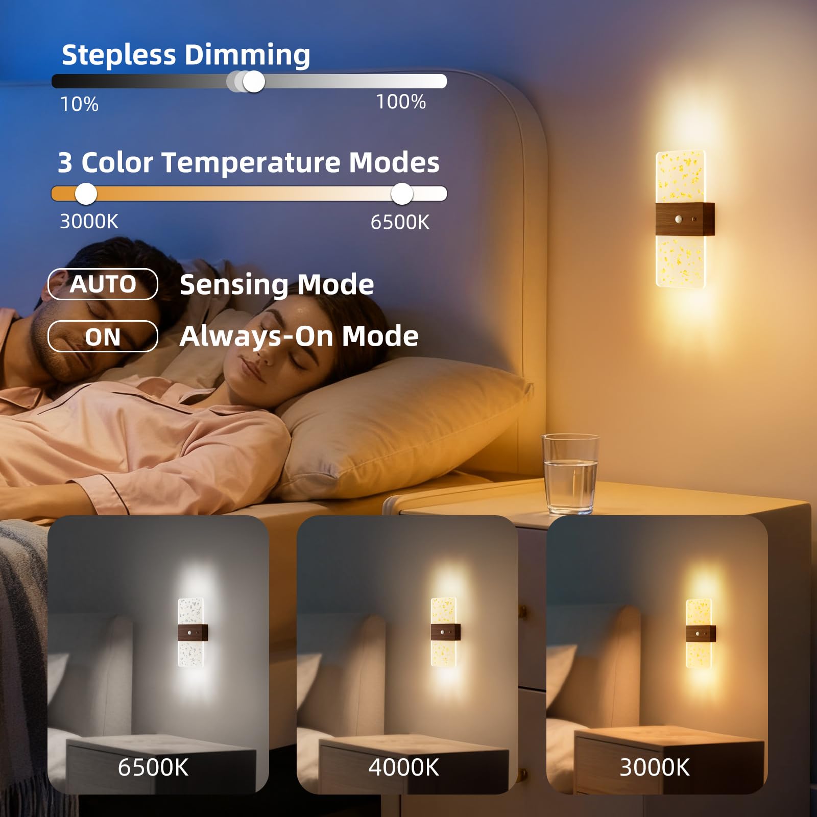 OOWOKS Lámpara de pared LED moderna con sensor de movimiento, regulable en interiores, Aplique acrílico con interruptor, sin conexión eléctrica, luz nocturna recargable por USB con imán, 1200 mAh,A