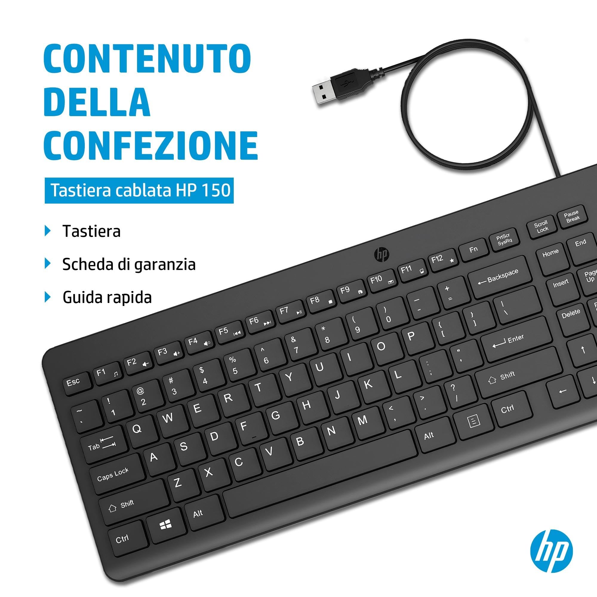 HP 150 Tastiera Cablata, Connessione con Cavo USB-A con la Lunghezza di 1 m, 12 Tasti Programmabili, Tastiera Qwerty, Layout Italiano, Compatibile con Windows 10 e 11, Nera