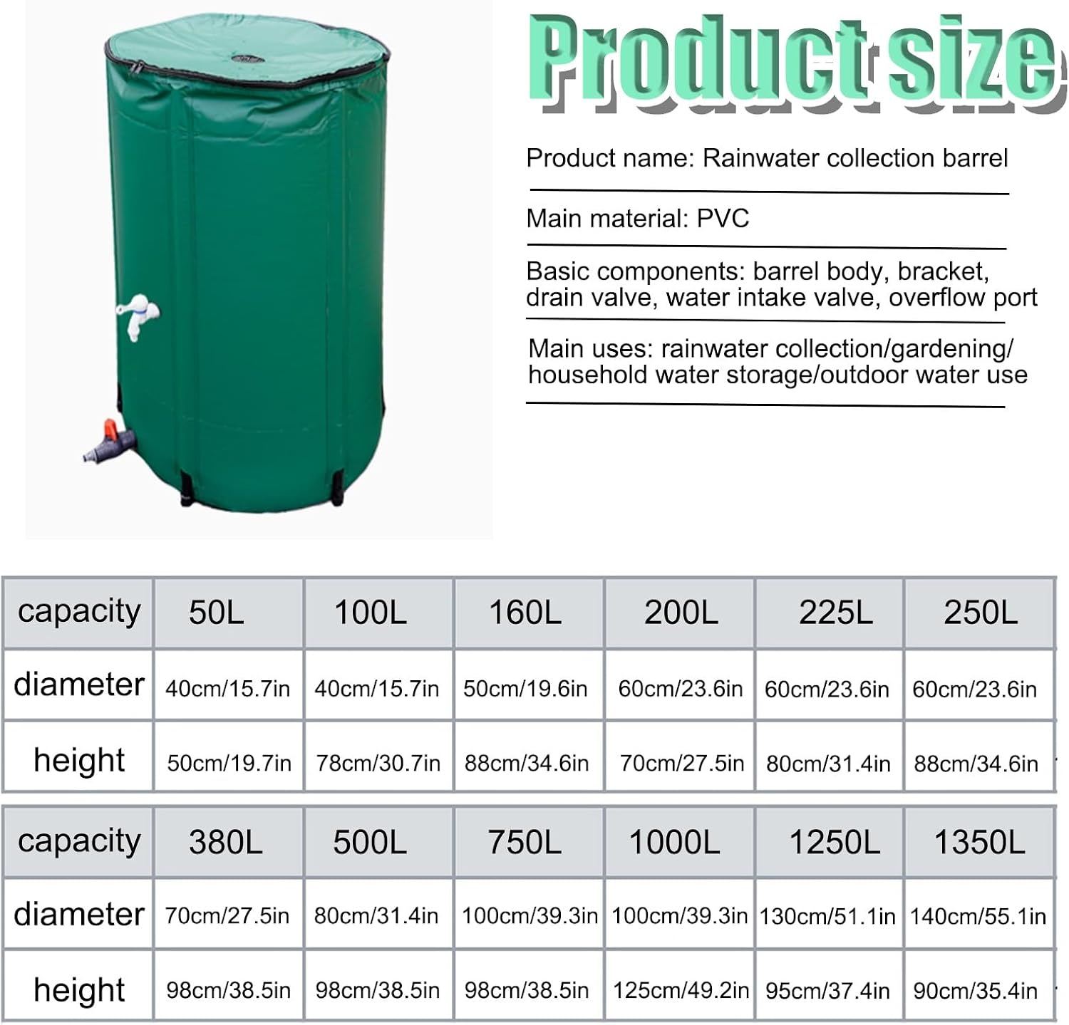 Eco-Friendly Rain Barrel，Collapsible Rain Barrel, Outdoor Water Storage Tank,Rainwater Collector with Filter, Portable Rain Barrels ，for Garden Watering and Water Storage(Black,200L)