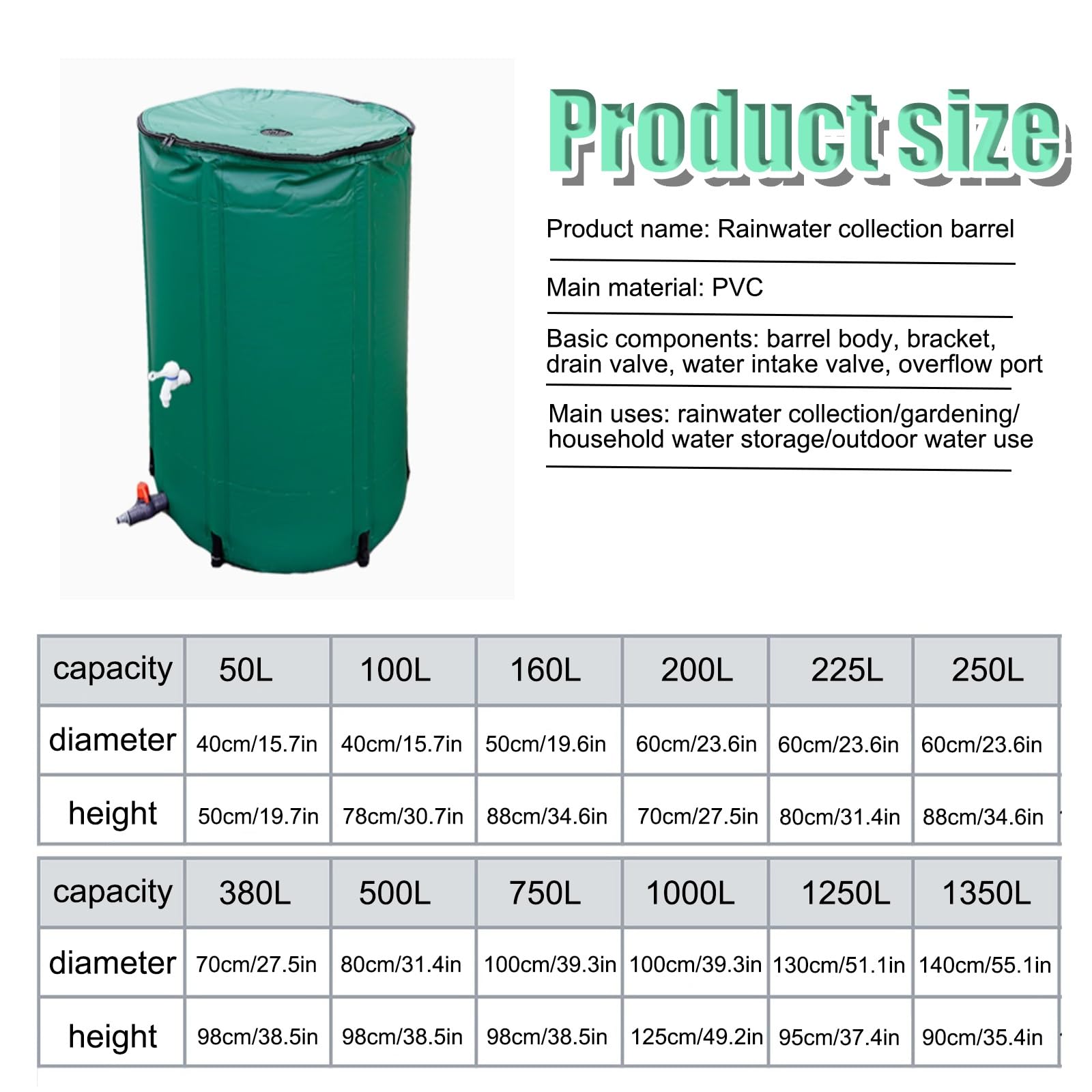 Tanque de Almacenamiento de Agua para Exteriores Rain Barrel de 380 l con Filtro, Sistema portátil de recolección de Agua de Lluvia para riego y Almacenamiento de Jardines (Verde)