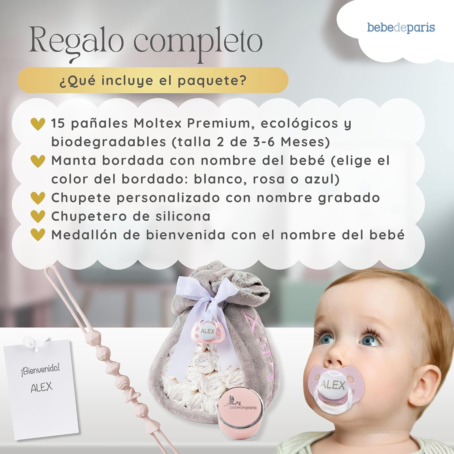 Cadeaux de Naissance | Gâteau de Couches avec Attache-Tétine en Tissu | Couverture Personnalisée + Tétine Personnalisée + 15 Couches Moltex | Baby Shower Garçon Fille (Rose) | BebeDeParis