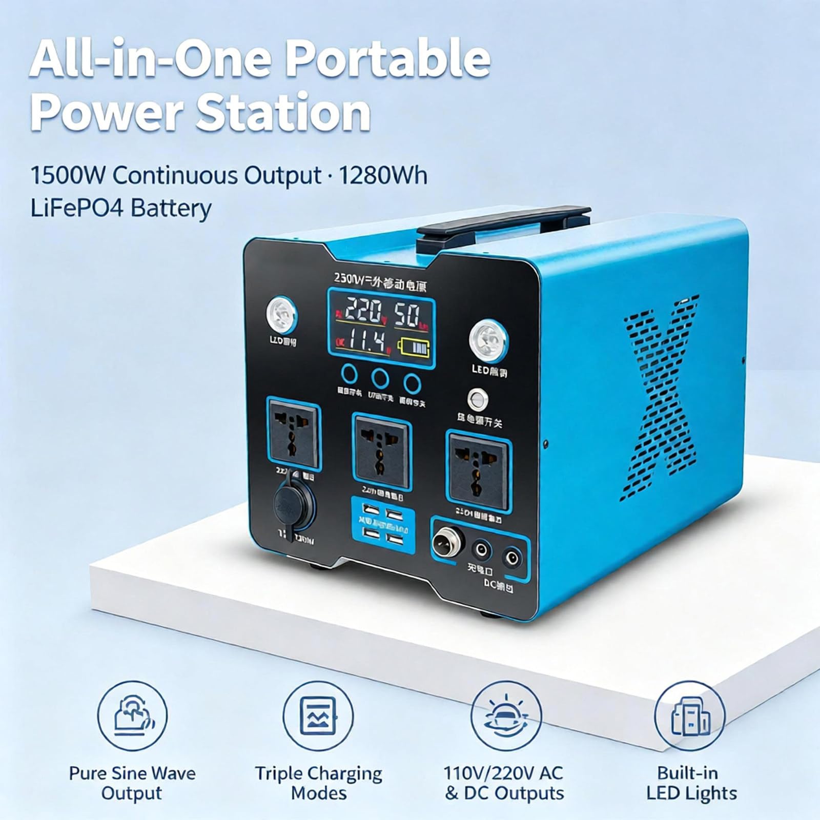 Centrale elettrica portatile 1500W 1280Wh, uscite AC USB DC 1500w | Due modelli disponibili: 1000W 870Wh /1500W 1280Wh, dimensioni compatte adatte al bagagliaio e zaini da trekking.