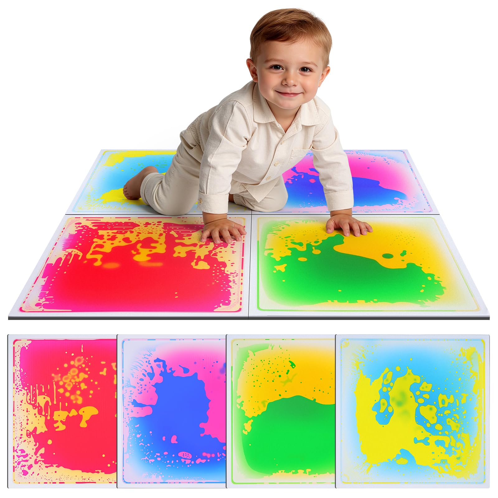 Sensorik Matten Flüssig, 4er 30x30cm Mehrfarbige Sensorische Bodenfliesen, Umweltfreundliches PVC, CE/EN71, Sensorik Spielzeug Autismus für Zuhause, Kita & Klassenzimmer (4, Mehrfarbig)