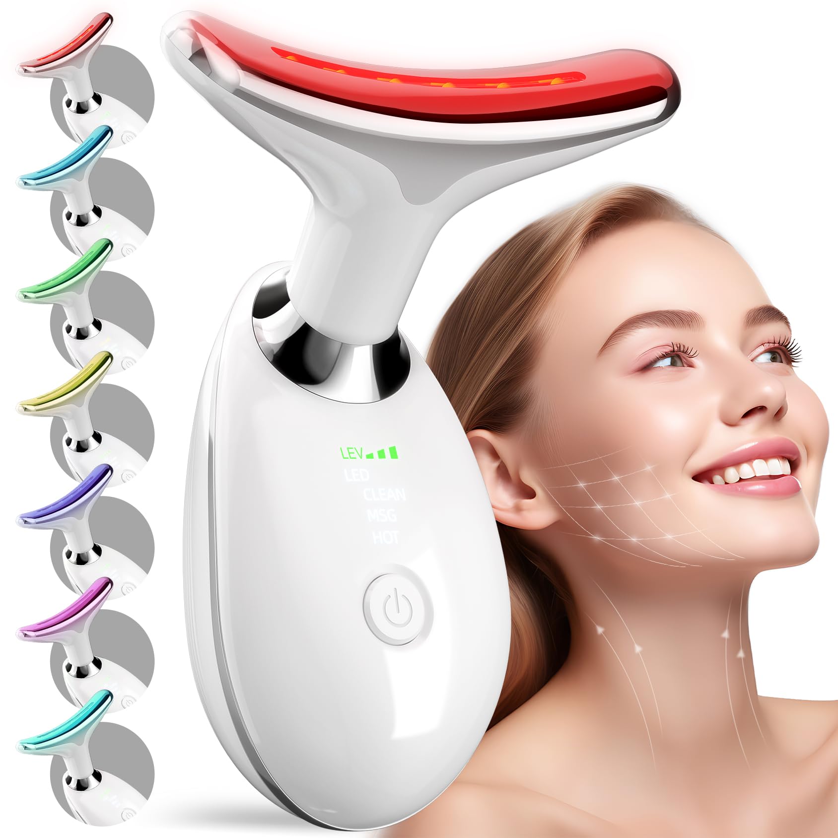 7 Color Neck Face Massager Tool, Facial Massager with Vibration Tech, Rechargeable Face culpting Wand for Skin Care (White)