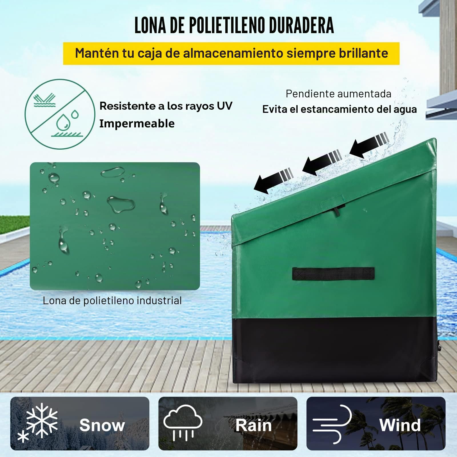 VEVOR Caja de Almacenamiento para Exteriores 230 Galones Arcón de Almacenaje para Jardín Tela Lona de PE Baúl de Almacenamiento Portátil 147 x 86 x 108 x 77 cm para Piscina Patio Jardín Garaje Verde