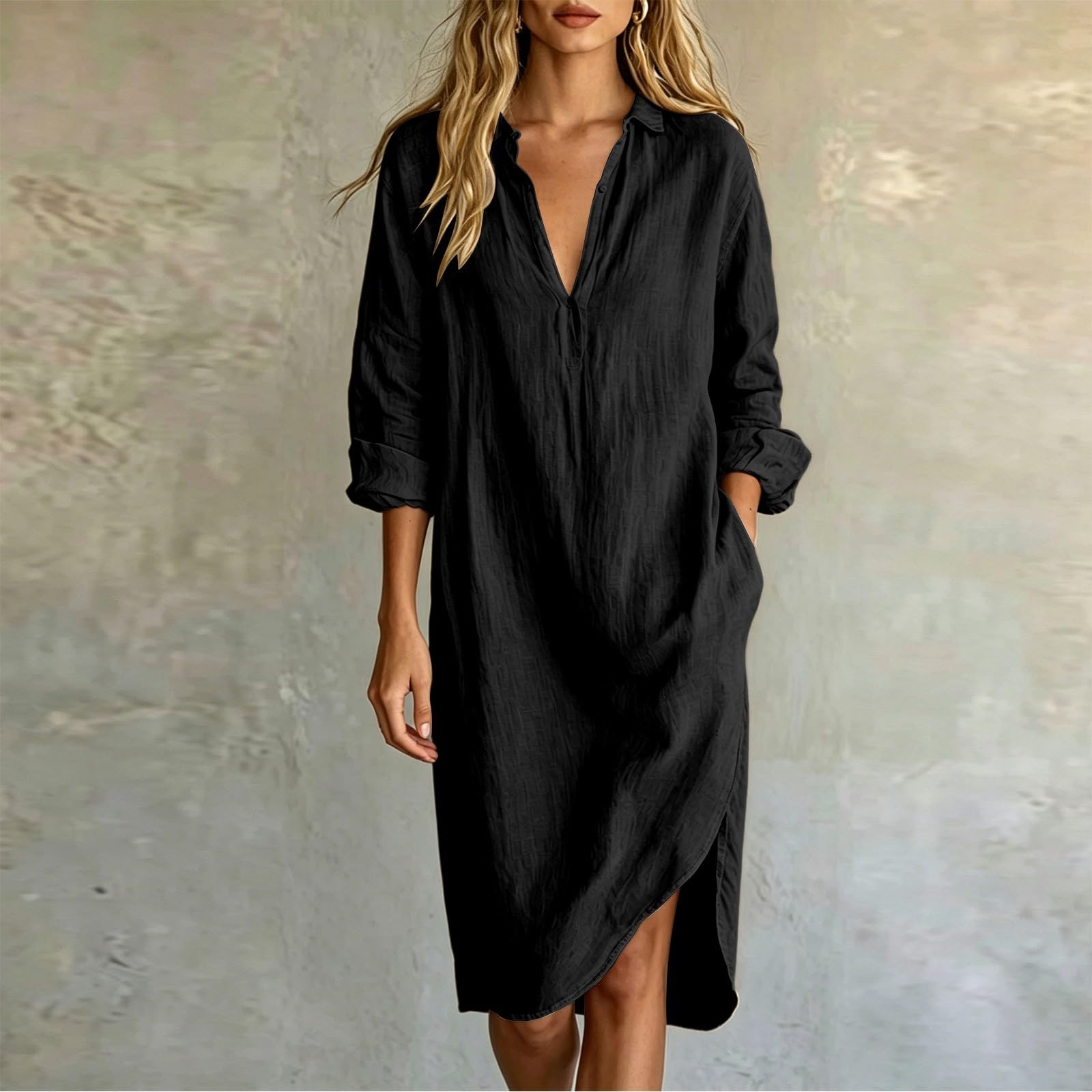 Vestido de muselina para mujer, manga larga, cuello en V, vestido de verano, algodón y lino, de secado rápido, vestidos de playa para mujer