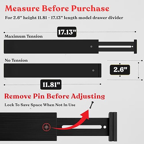 Miniatura 2 de Paquete de 6 separadores de cajones de bambú, ajustables y expandibles de 11.8 a 17.1 pulgadas con bloqueo y almohadillas antideslizantes,