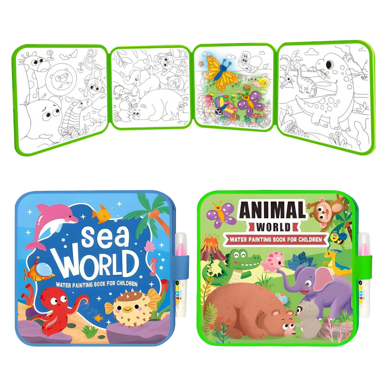 2Pcs Mess Free Water Colouring Books, Magic Water Doodle Painting Book, Toddlers Travel Toys for Kids