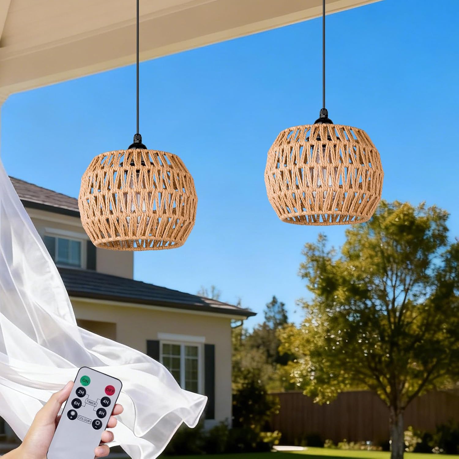Battery Operated Outdoor Chandelier,Battery Operated Pendant Light with Remote Control, No Wiring Outdoor Hanging Light for Porch Patio Gazebo (13" 2Pack)
