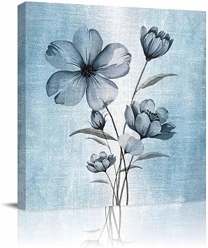Blue Flower Canvas Print Wall Art Painting, Modern Wall Decor for Bedroom Living Room Giclee Artwork HD Picture Strenched and Framed Retro Gradient Texture Painting Plant Leaf 16x16 inch