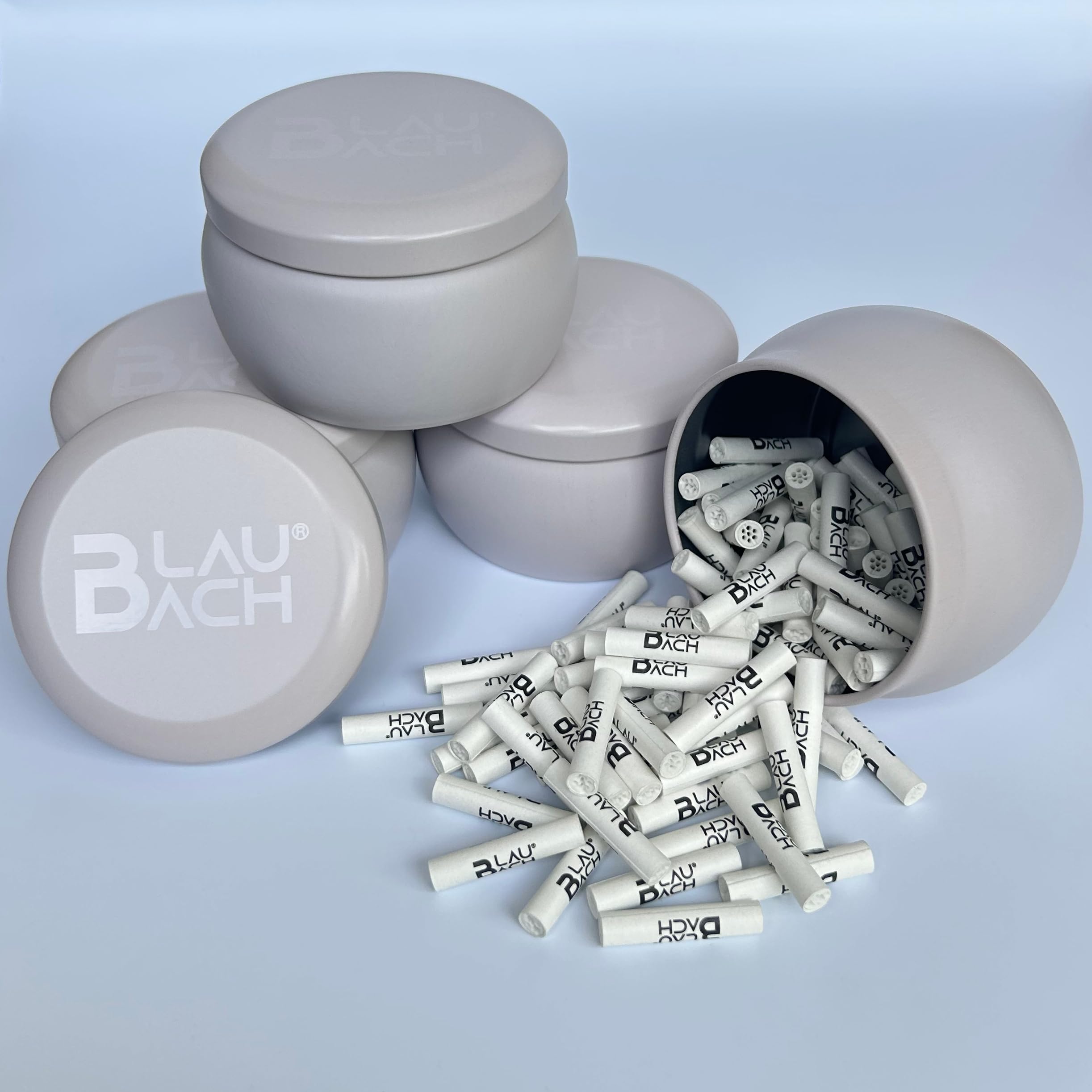 Aktivkohlefilter Super Slim Ø 5 mm, 100 Stück in praktischer Metalldose, Aktivkohle auf Kokosnuss-Basis, Keramikkappen – BLAUBACH Premium Filter