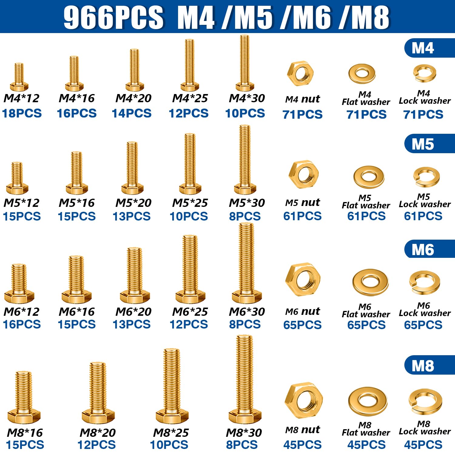 Taiss Assortiment de 966 boulons métriques et écrous hexagonaux M4 M5 M6 M8 de grade 8.8 (12-30 mm) plaqué zinc jaune
