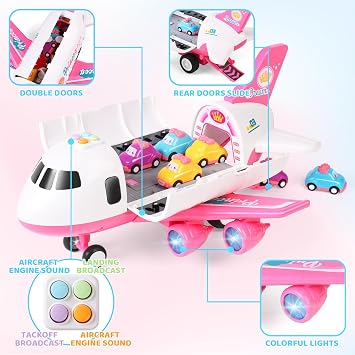 Dwi Dowellin Pink Airplane Toy with 6 Truck Cars and Play Mat,Plane with Lights and Sounds for 3 4 5 6 7 Years Old Toddlers Boys and Girls