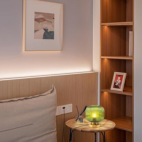 Miniatura 8 de Lámpara de mesa de cristal verde de mediados de siglo moderna lámpara de mesa acanalada pantalla de vidrio dorado lámpara de mesa pequeña lámpara de