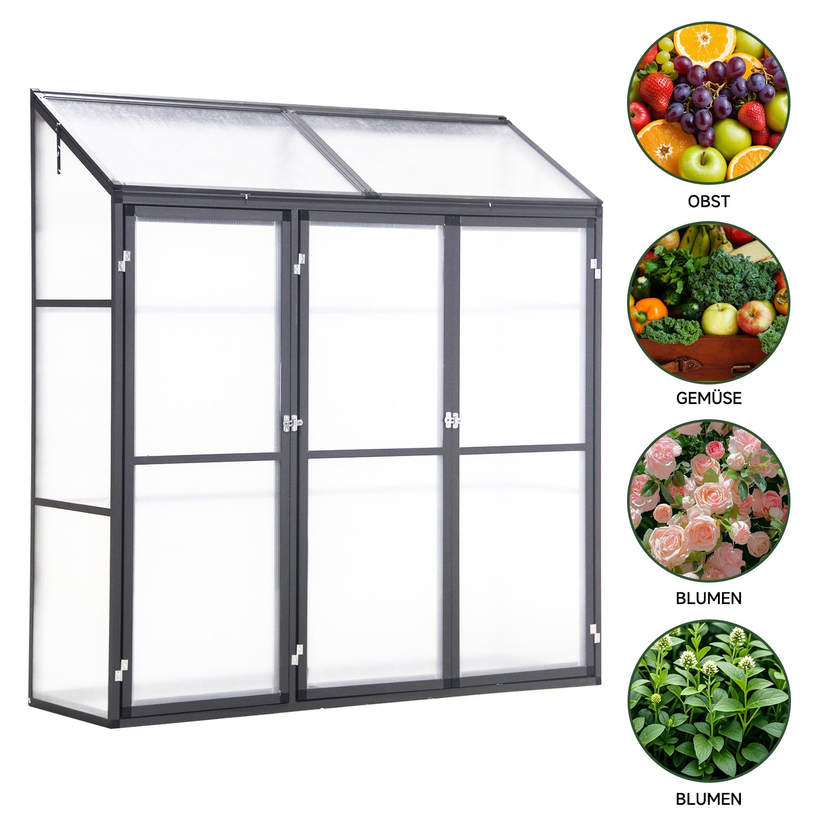 Anlehngewächshaus Aluminium Beistell-Gewächshaus (Grau) – 180x55x190cm, 3 Türen & 2 Oberlicht, geeignet für Zitronenbaum-Töpfe, Chrysanthemen & weitere Pflanzen, Greenhouse