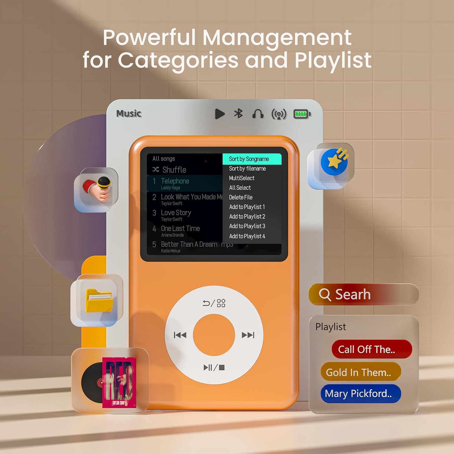 innioasis Y1 MP3 Player showing powerful music management for categories and playlists