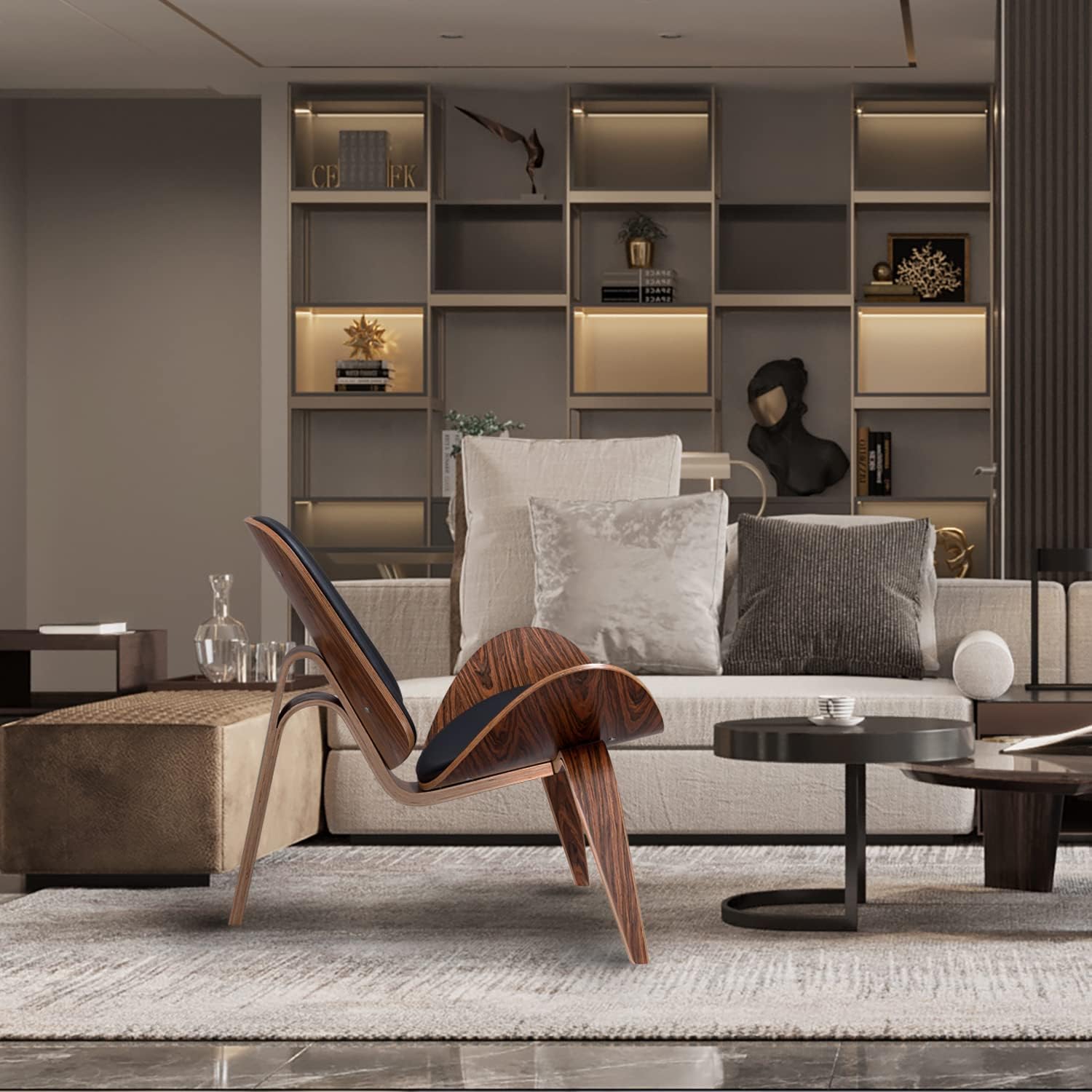 Hans Wegner Style Three- Legged Shell Chair Ash Plywood Black Faux Leather Accent Chair Living Room Furniture Mid-Century Modern Shell Chair (Walnut Color-Black Leather)