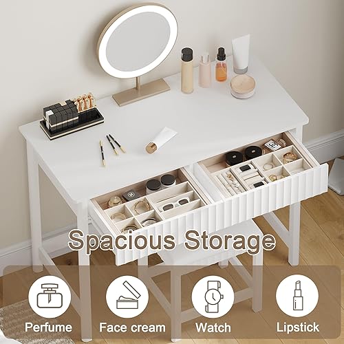 Miniatura 3 de ChooChoo Escritorio moderno de 40 pulgadas con cajones, escritorio de maquillaje con taburete acolchado, pequeño escritorio de oficina en casa para