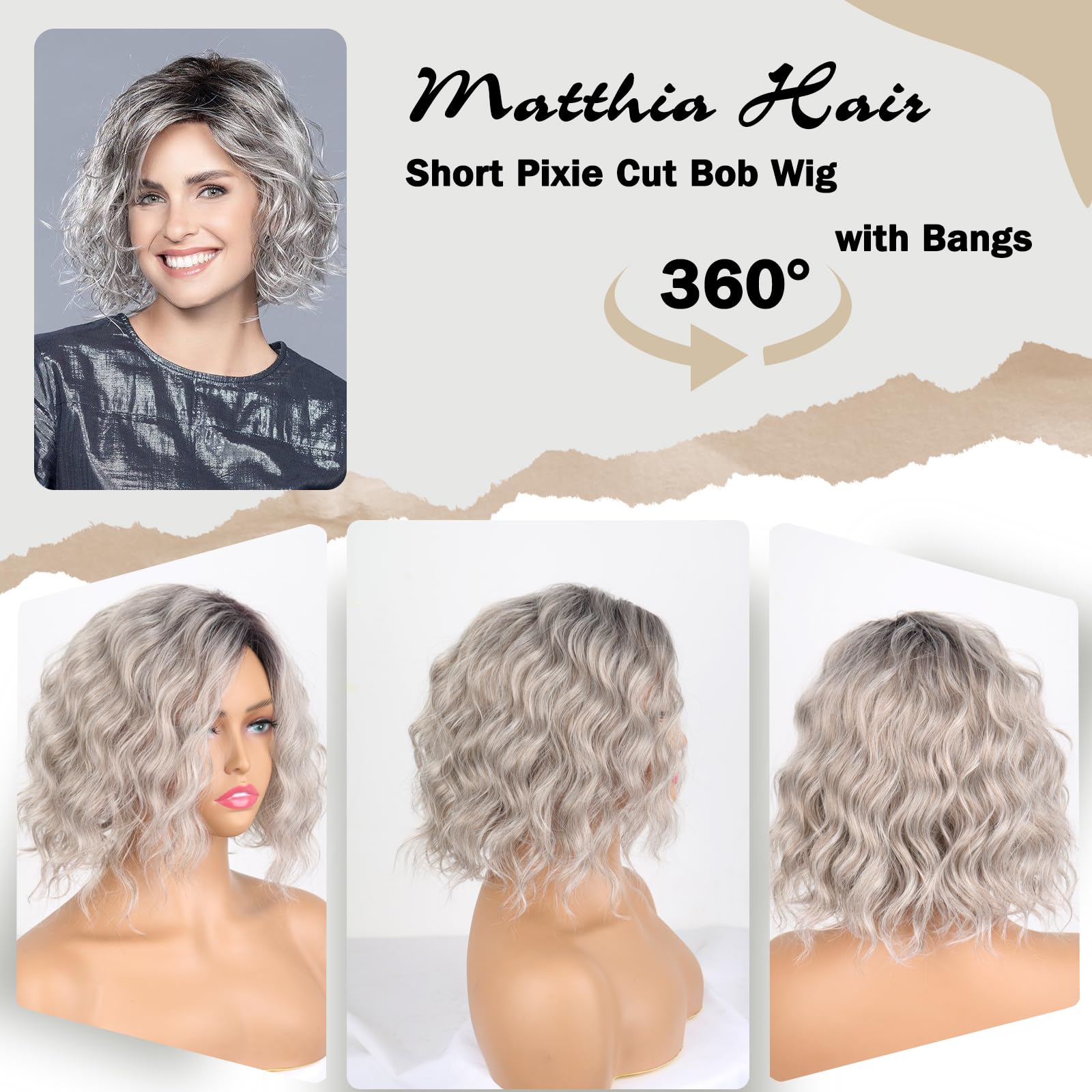 - - Human hair blend gray blonde to brown ombre Bob straight wig. RENERSHOW Ombre Grey Short Bob Wig with Curtain Bangs  main image 4