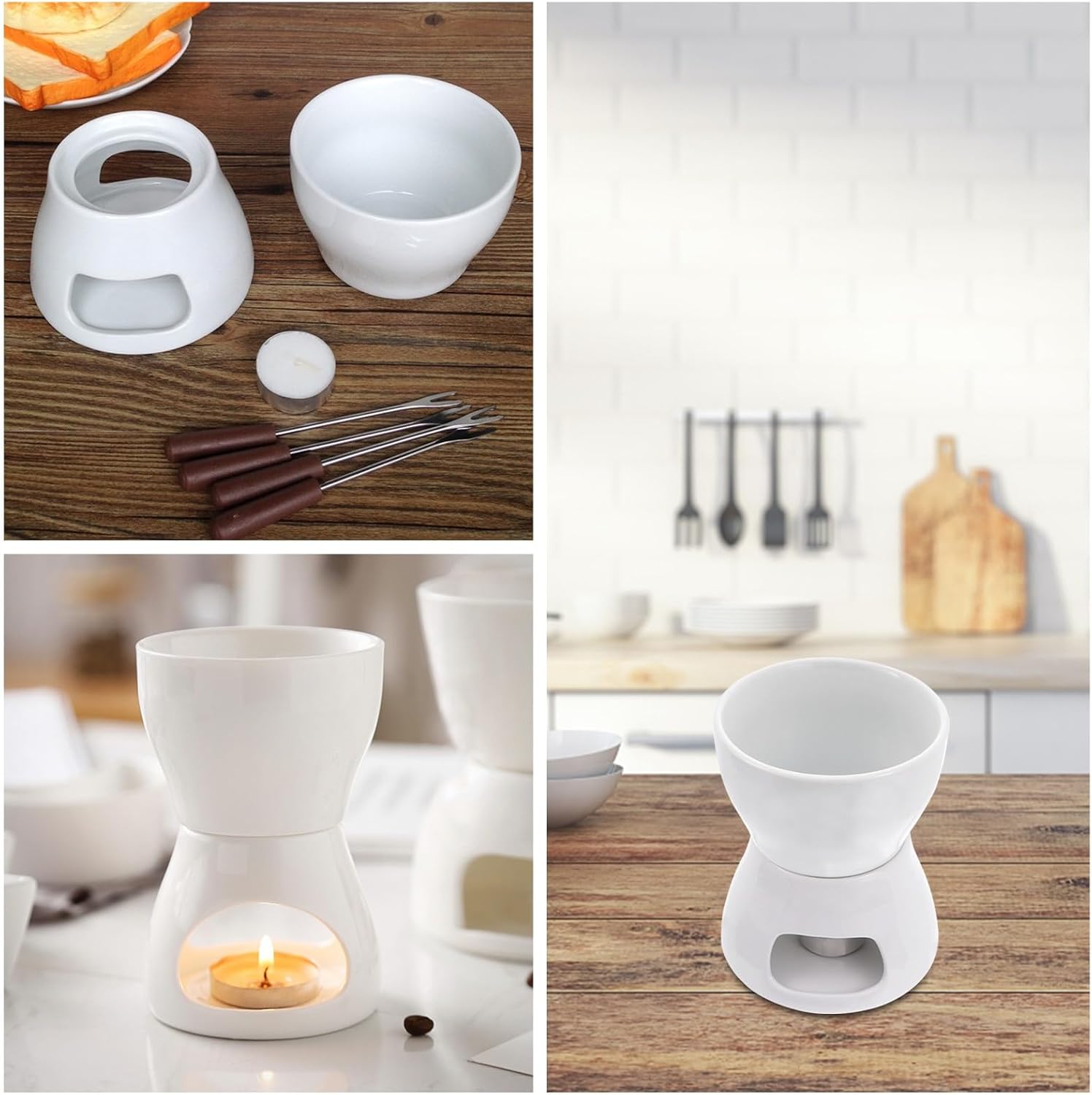 Ceramic Chocolate Melting Pot 400ml Mini Fondue Stove Butter Warmer Pot Cheese Melting Set for Home Kitchen 2-4 People