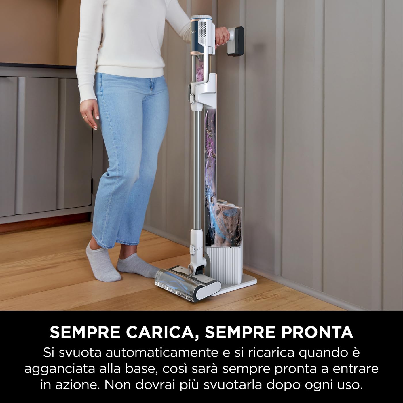 Shark Clean & Empty Aspirapolvere Senza Fili con Autosvuotamento, 40 Minuti di Autonomia, Leggero, Anti Hair Wrap, Bocchette per Animali e Fessure, Stazione di Ricarica, Luci LED, Bianco/Blu, BU3521EU