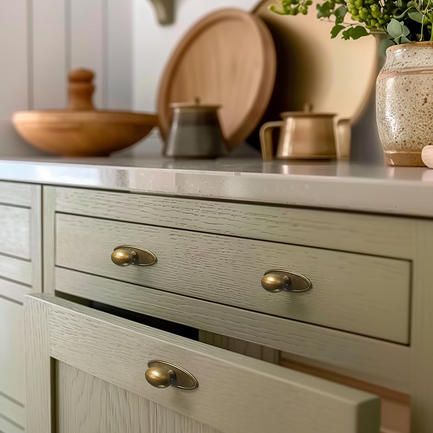 Oval Cabinet Knobs with Backplate - 5 Pack Brass Handles for Dresser Drawer Furniture Bedroom Kitchen Cupboard (5, Antique Brass)