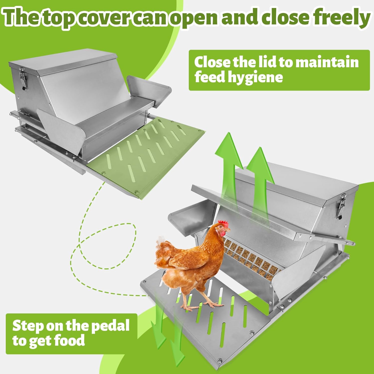 Automatic Metal Treadle Feeder 26lbs Capacity No Waste Automatic Chicken Feeder Galvanized Steel Large Metal Poultry Feeder Outdoor Coop Food Dispenser with Rain Cover